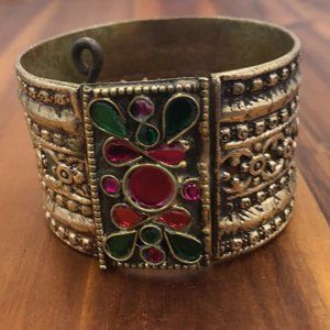 single Vintage Kuchi Cuff Bracelet With Multicolor Glass Stones, Gypsy Cuff